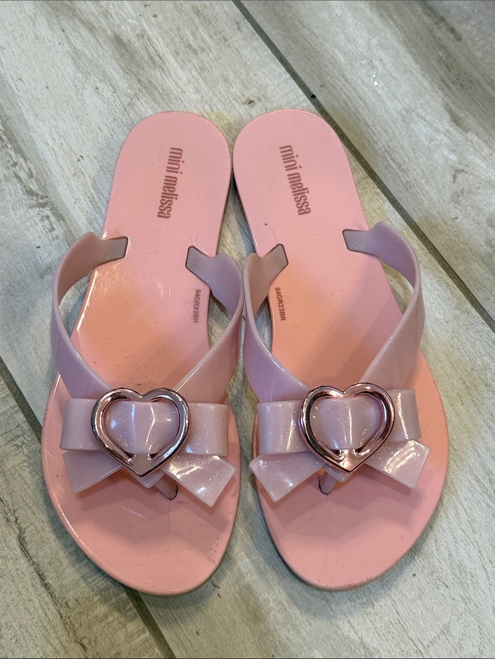 Mini Melissa Light Pink Glitter Heart Bow Jelly Sandals